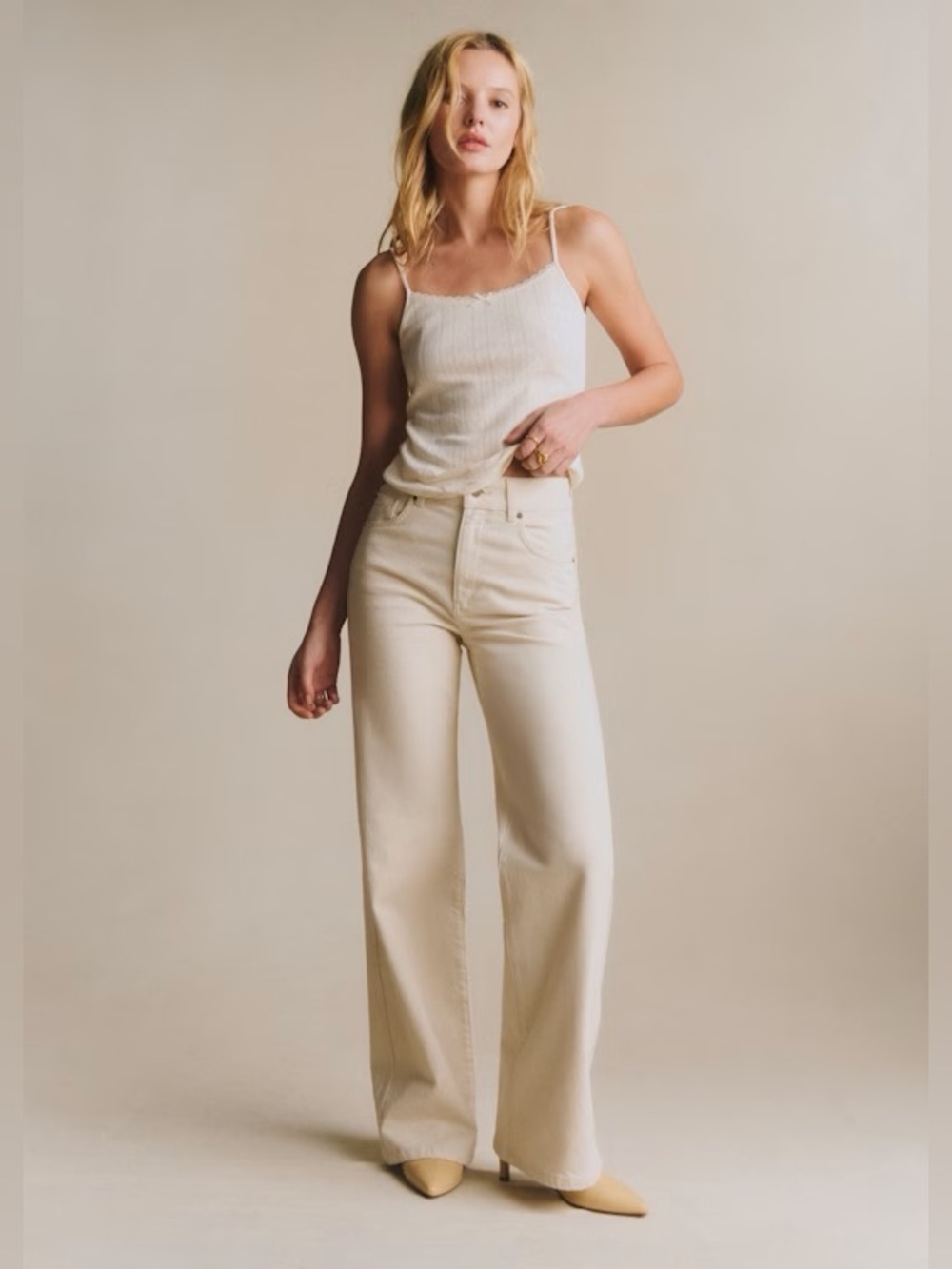 Sezane Le New 70’s High-Rise Wide-Leg Flare Cream Jeans denim mottled ecru